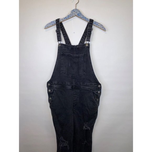 Old Navy Women's Size 12 Petite OG Straight Black Ripped Jean Overalls GUC - Picture 3 of 8